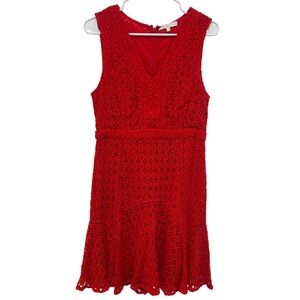 Anthropologie San & Soni Red Crochet Lace Midi Dress Sleeveless Fit Flare Wmns 8